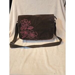 Lilu Brown Corduroy Messenger Bag Embroidered Floral Y2K Hippie Boho